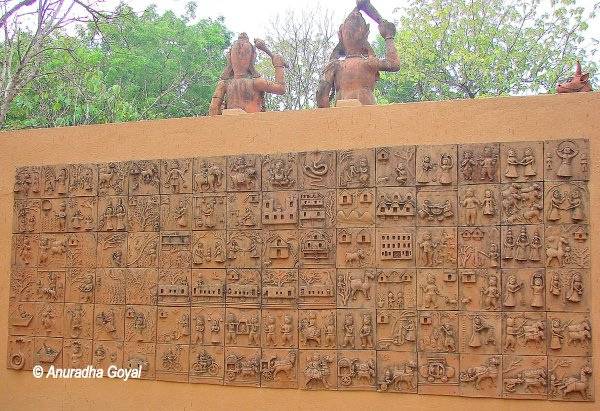 Terracotta tablets wall from Rajasthan at Anandgram