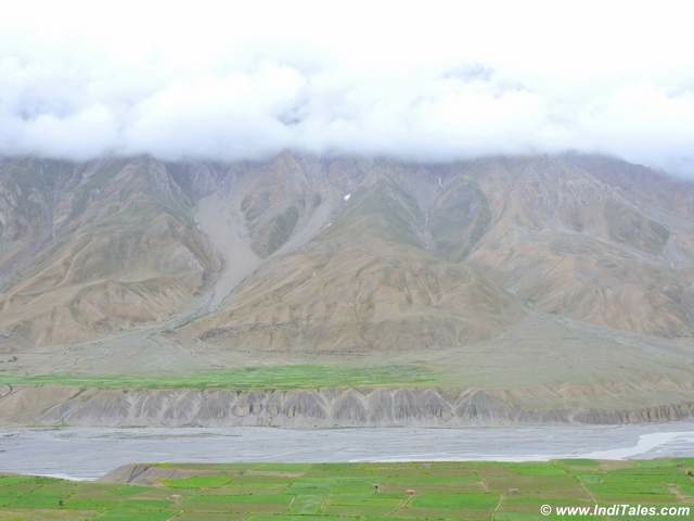 Snow capped mountains and Spiri River near Kaza, Spiti Valley, Himachal