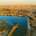 Aerial view of Jaisalmer Gadsisar lake, the golden city fort of Rajasthan, India