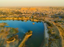 Aerial view of Jaisalmer Gadsisar lake, the golden city fort of Rajasthan, India