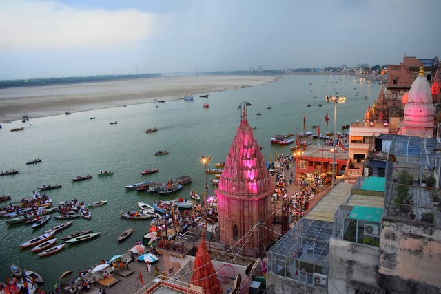 Aerial view of the ghats of Varanasi and Ganga river landscape