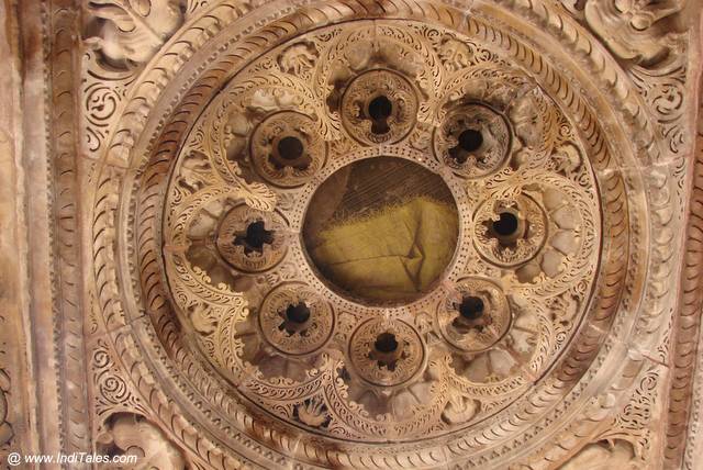 A view of the ornately carved ceiling of the temple